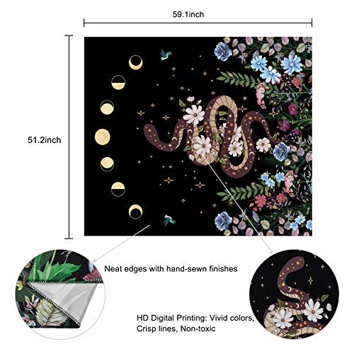 Snake Floral Tapestry Moon Phase Tapestry Black Moon Tapestry Wildflower And Snake Tapestries Asthetic Wall Hanging For Room(51.2 X 59.1 Inches) #TOP5