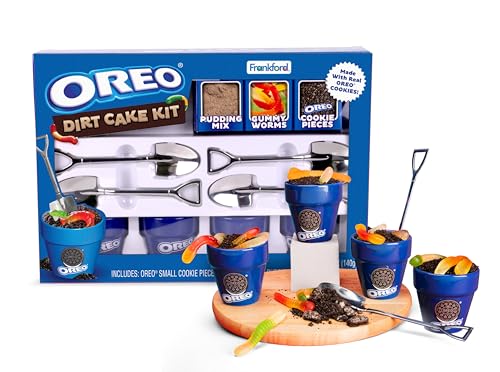 Frankford OREO DIY Dirt Cake Kit with Real Cookie Pieces Gummy Worms Chocolate Pudding Mix Shovel Spoons and Ceramic Cups