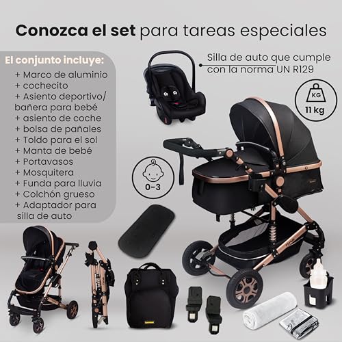 Miniatura 2 de Gagagadumi Florida 3 En 1 Cochecito Completo Con Asiento De Coche - Baby Stroller 3 En 1 Tüv - Cochecito Combinado 3 En 1 Juego Completo De Neumáticos Completos, Bolsa De Pañales, Negro Oro