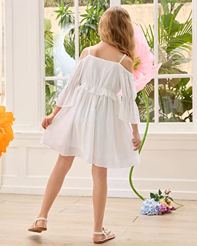 Danna Belle Girls Summer Off The Shoulder Dress Strap Bell Sleeve A-Line Casual Dress Size 6 White #TOP1