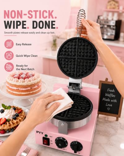 Image of PYY Commercial Waffle Maker, 1200W Professional Waffle Maker Commercial with Nonstick Plates, 122F-572F Temp Control, 5-Min Timer, Cool Touch Spring Handle, Home Kitchen Cafe Restaurant, Pink
