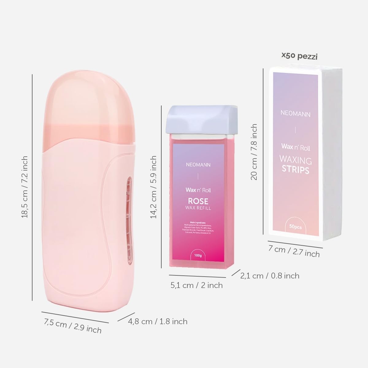 Wax n'Roll - Kit rullo per cera con 1 rosa e 1 ricarica di miele, 50 strisce, 6 salviette per la cura della pelle, scaldacera roll-on per una pelle liscia