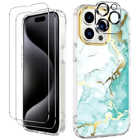 BAISRKE Clear Case Design for iPhone 15 Pro 6.1 inch, with 2 Pack Screen Protectors + 1 Pack Camera Lens Protector Slim Shockproof Women Cute Bumper Cover 6.1" 2023 (Green Marble) Cover