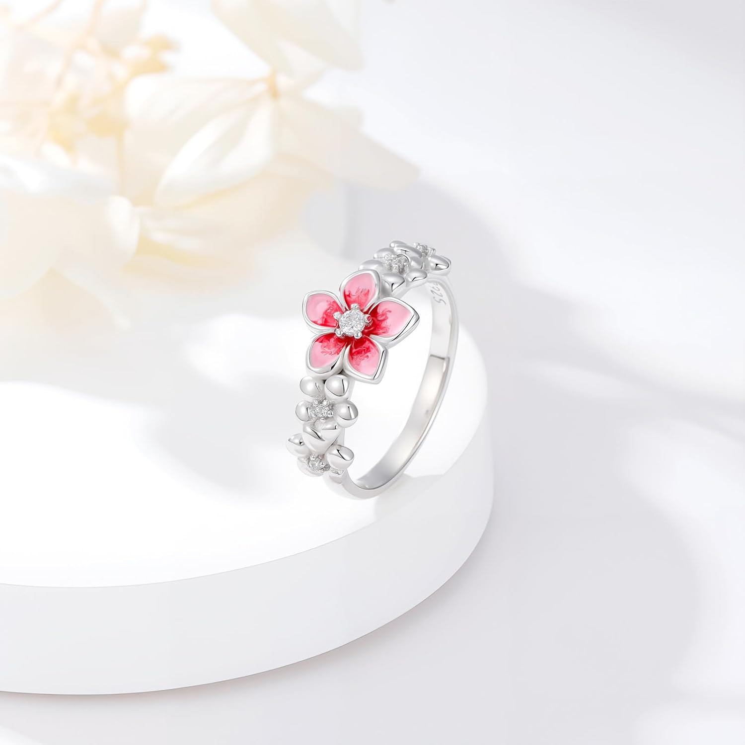 Lab Grown Diamond Cherry Blossoms Rings for Women,925 Sterling Silver Flower Stacking Statement Band Jewelry Gifts for Graduation Birthday