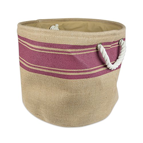 DII Burlap Collapsible Storage Bin with Cotton Handles, Small Round, 12x9, Wine Border