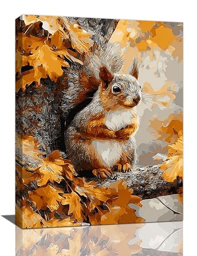 Fall Squirrel Decor Wall Art Autumn Pictures Maple Leaf Canvas Prints Painting Cute Squirrel Artwork Home Decoration for Bathroom Bedroom Living Room Framed Gifts 12"x16"