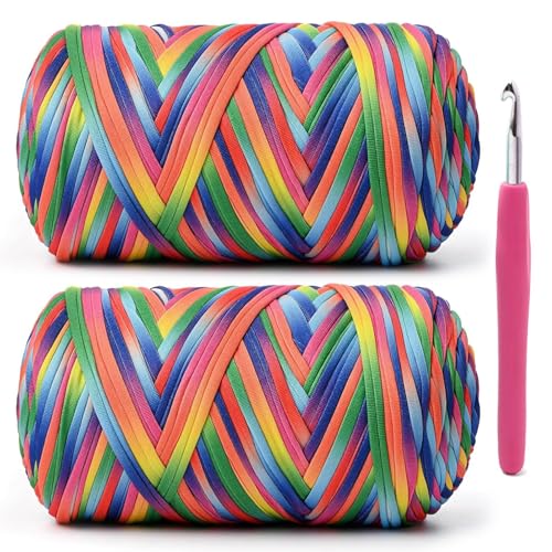Image of 2 Pack Soft Tshirt Crochet Yarn, 800g /228yds High Elastic Hand Knitting Yarns, Thick T Shirt Yarn for Crocheting Bags, Baskets, Cushions, DIY Crafts (Rainbow+Rainbow)
