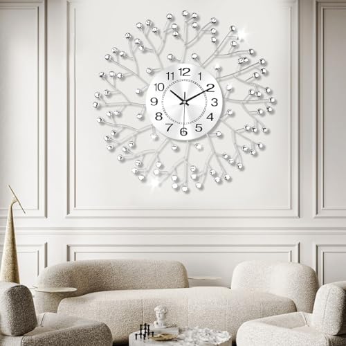 Wall Clocks for Living Room Decor Modern Silen Stylish Diamond Large Wall Clocks for Living Room, Bedroom, Kitchen, Home Decor 20 Inch Silver Drop Crystal Wall Watch for Indoor