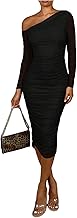 GORGLITTER Women's Asymmetrical Off Shoulder Long Sleeve Dresses Ruched Bodycon Pencil Midi Elegant Evening Dress
