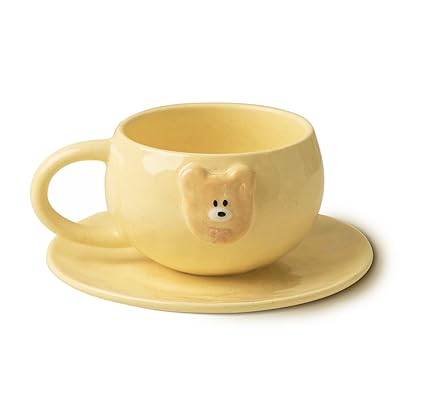 LARYVIN Cute Bear Coffee Cups & Saucer Set, Yellow Cookie Style. Safety Ceramic 10oz Cartoon Latte Cup for Office and Home. Best Gifts for Women & Girls.