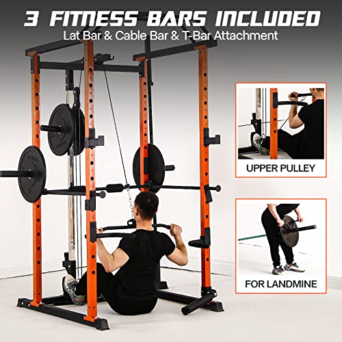 Mappding 1500Lbs Squat Cage, Power Rack For Home Gym With Lat Pullup System, T Bar, Leg Hold-Down Attachment, Weight Cage With More Training Attachment For Garage Workout Strength Training, Orange #TOP5