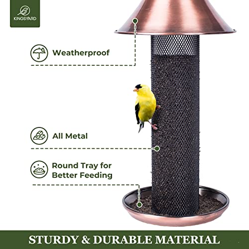 Kingsyard Thistle Bird Feeder for Outdoors Hanging, All Metal, Finch Mesh Tube Feeder with Weatherproof Roof & Seed Tray, 3 lbs Seed Capacity, Great for Attracting Wild Bird, Brushed Copper