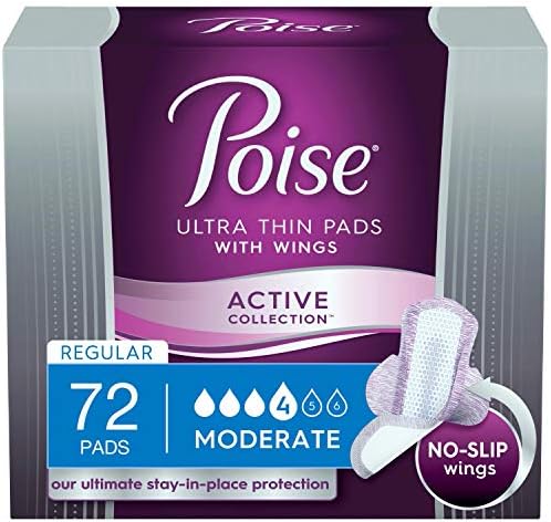 Poise Ultra Thin Incontinence Pads with Wings, Active Collection, Moderate Absorbency, 72 Count (4 Packs of 18) (Packaging May Vary)