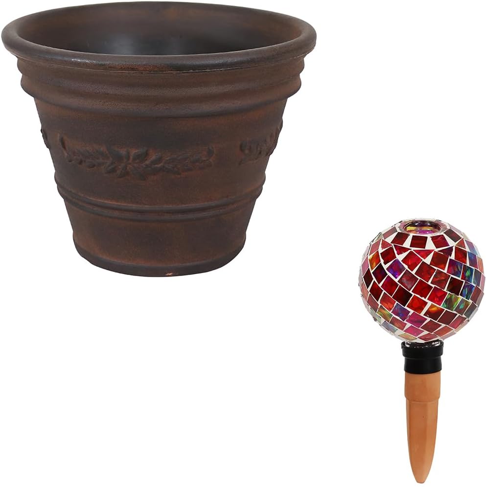 Sunnydaze Laurel 13" Outdoor Polyresin Planter with Mosaic Glass Plant Watering Bulb - Rust Planter and Magenta Medley Watering Spike