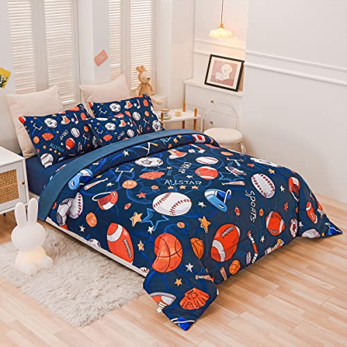 Tasselily Sports Comforter Set With Sheet, 6 Pcs Bed In A Bag Twin Size Soccer Basketball Baseball Football Bedding Set For Boys Kids #TOP7