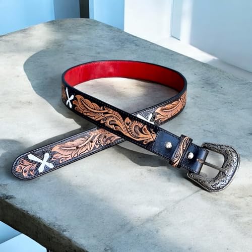 DANIEL'S ARTPLANET Western Belt for Men Full Grain Leather Handmade Tooled Cowboy Belt with Removable Buckle 1.5”4