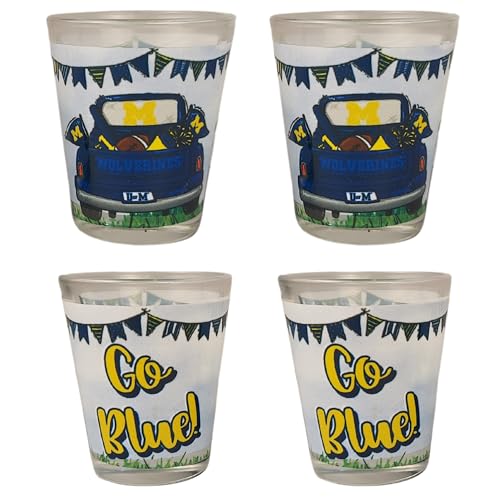 Game Day Outfitters Michigan Wolverines Set of 4 Shot Glasses Unique Pick-Up Truck Team Cheer 360° Artwork | Round 1.5 oz Clear Glass | For Alumni, Student, Fraternity and Resident Fans Gift Idea