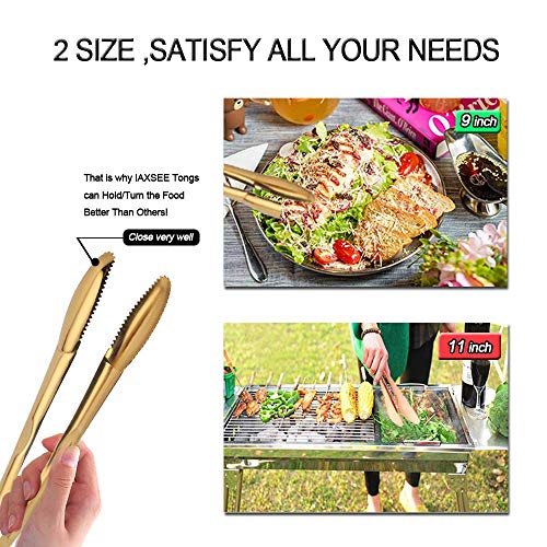 Iaxsee 2-Pack 9 Inch Stainless Steel Gold Salad Tongs, Non-Slip & Easy Grip Smart Locking Clip Handy Utensil For Cooking, Serving, Barbecue, Buffet, Salad, Ice, Oven #TOP2