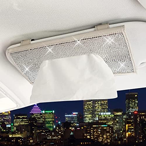 ChuLian Bling Bling Car Sun Visor Tissue Box Holder,Crystal Sparkling Napkin Holder,PU Leather Backseat Tissue Case Car Accessories for Women, Beige