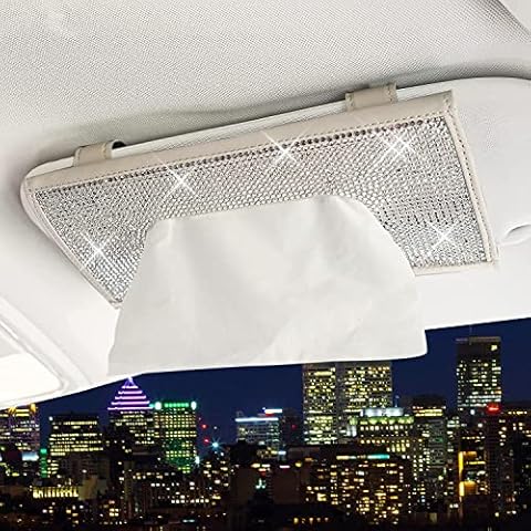 ChuLian Bling Bling Car Visor Tissue Holder Leather Crystals Paper Towel Cover Case & Glitter Sunglasses Clip for Women Beige Cover