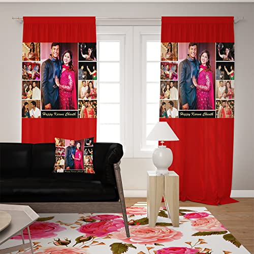 Image of Crush Fabric Photo Personalise 2 Curtains & 1 Cushion with 8 Eyelet for Living Room Bedroom Home Office 4 x 9 Feet Style 134 (Set of 3) (Red)