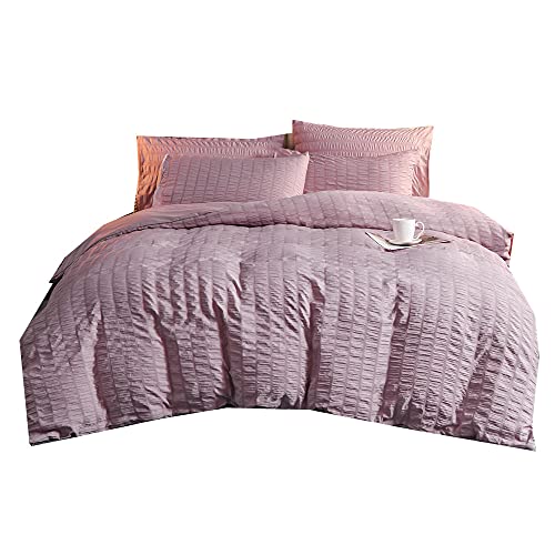Parure de Lit Homme Femme, Housse de Couette Seersucker Nervure Pincer Pli Housse de Couette Taies d'Oreillers 50x75 CM, Noir Gris Rose Jaune Blanc Housse de...