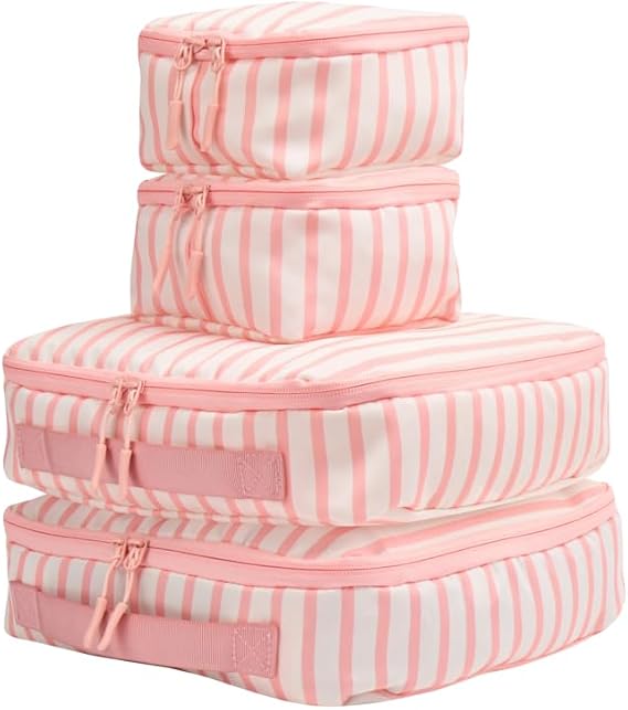 Packing Cubes for Backpack and Suitcases - 4 Piece Travel Packing Cube Set with Laundry Bag - Luggage Organiser Bags for Travel - Striped (Pink Stripe)
