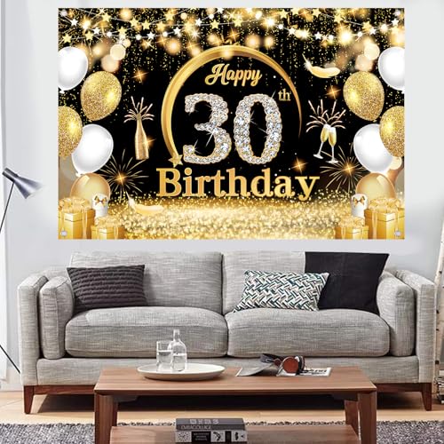 Fairymaiden 30 Ans Banderole Joyeux Anniversaire, 30 Décoration Fête en Noir Or Toile de Fond Bannière Joyeux Anniversaire pour "Happy Birthday" Banderole Or Noir Hommes Femmes (150x100 cm) – vue 4