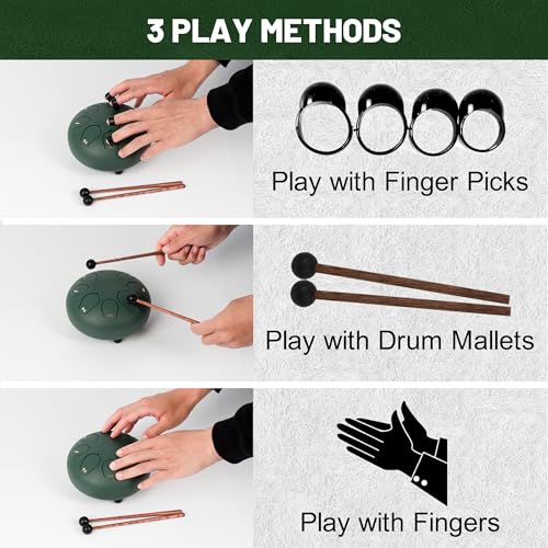 Miniatura 7 de Lomuty 6 Pulgadas 15 Cm Tambor De Lengua De Acero-8 Notas Clave C Instrumento De Percusión - Hand Pan Drum Con Bolsa De Tansporte, Partitura, Baquetas, Púas De Dedo Verde