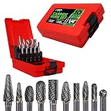 Carbide Burr Set 1/4' Shank – 10 Pcs Double Cut Die Grinder Bits for Milling, Carving, Engraving, Deburring, Drilling, Hard Wood and Metals – Tungsten Carbide Drill Bit Set for Rotary Tools