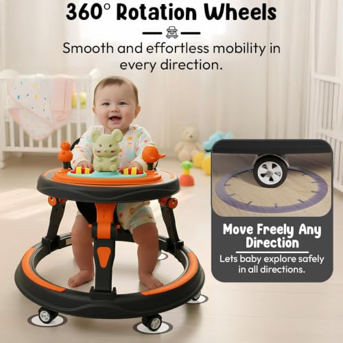 Image of StarAndDaisy Baby Walkers for 6-24 Month Baby boy 360 Walker for Kids for 6-24 Months with RGB Light, 7 Level Height Adjustment, Baby Walker with Switchable Food & Musical Toy Tray -Orange Black