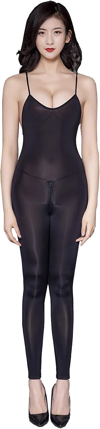 LESOYA Women's Sexy Ice Silk See Through Sheer Bodystocking Zipper Crotch Spaghetti Strap Long Sleeve Boydsuit Catsuit