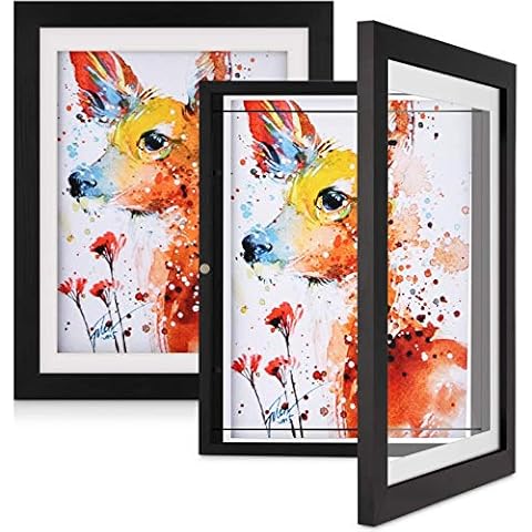 ONE WALL Kids Artwork Picture Frame Display 8.5x11 with Mat or 9.9x12.7 Without Mat, Black Wood Frame with Tempered Glass Front Opening for Kids Drawings, Artworks, Art Projects, Schoolwork, 2-Pack Cover