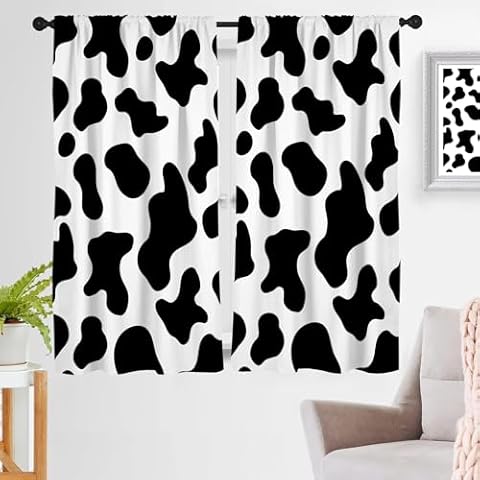 zokyer Cow Window Curtain Animal Print Black White Western Aztec Rustic Farm Farmhouse Kids Nursery Teen Girl Boy Abstract 42" W x 63" L Curtains Set for Bedroom Living Room 2 Panels Rod Pocket Drapes Cover