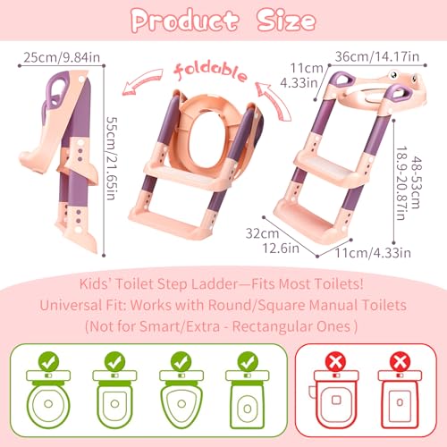 Toilettensitz Kinder mit Treppe, Toilettentrainer für Kinder, 2 IN 1 Toilettentrainer mit Treppe für Jungen und Mädchen, WC Sitz mit PU Gepolsterter Höhenverstellbar & Faltbar, Rutschfest (Rosa)