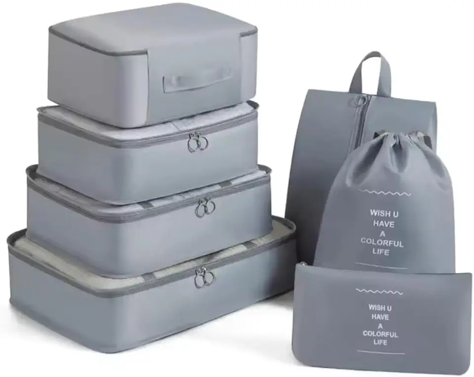 Kit Organizador de Malas para Viagem 7 Peças Conjunto Organizador Completo Bolsas Necessaire Sapatos Maquiagem Roupas Bagagem Organizada (Cinza)