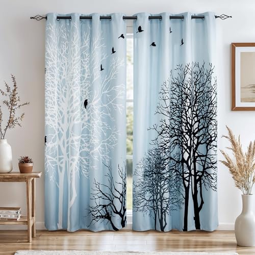 SUBRTEX Blackout Leaf Floral 95 Inch Curtains for Bedroom, 2 Panels | Room Darkening Floral Curtains, Window Drapes, Boho Farmhouse Curtains for Living Room Bedroom Window Treatments，Light Blue