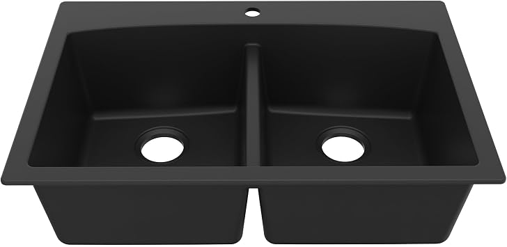 Karran QT-710 33 Inch Top Mount Double Bowl Kitchen Sink, 50/50 Low Divide Quartz Composite Drop-In Sink, Rear Drain, Heat and Scratch Resistant, Black