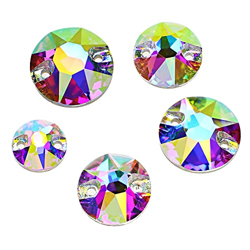 DONGZHOU Round Crystal AB Sew On Rhinestones Flatback Sew on Fancy Rhinestone with Holes Sewing Crystals Gemstone Strass for Clothes, Garments, Dress, Jewelry, Belt，Shoes and DIY