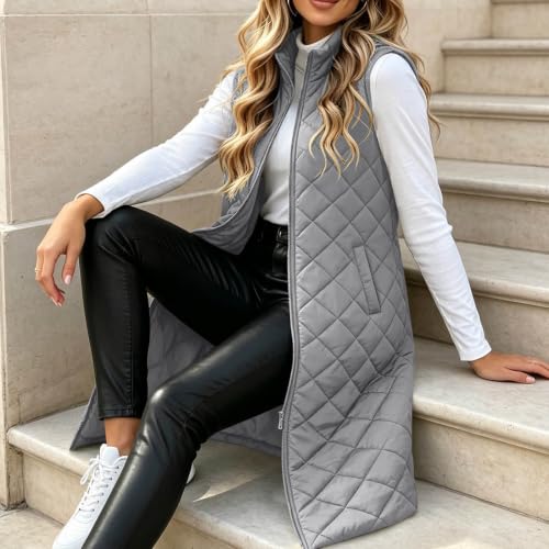 Furundly Long Puffer Vest Women Stand Collar Quilted Vest Gilet Jacket — view 6