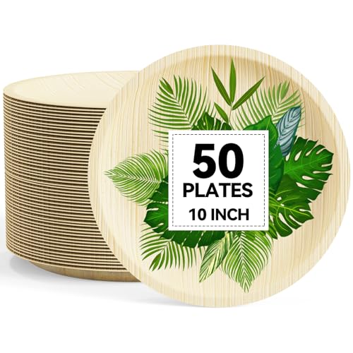 JOLLY CHEF Palm Leaf Plates, 50 Pack 10 Inch Bulk Disposable Like Bamboo Round Plates, Party Compostable Ideal for Dinner, Wedding, Party