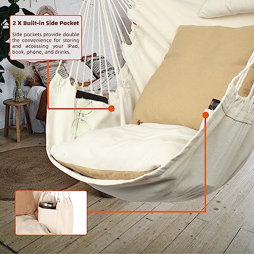 Ciouper Hammock Chair Hanging Rope Swing - Max 500 Lbs - 2 Cushions & 1 Neck Pillow Included - Heavy-Duty Steel Spreader Bar with Anti-Slip Rings - for Any Indoor or Outdoor Spaces (Beige) - Thumbnail 3