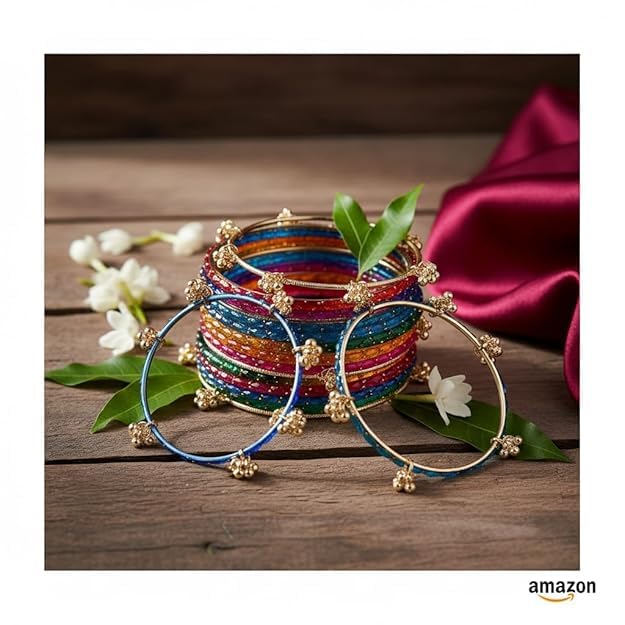 Image of Kashmiri Ghangharoo Glass Bangle Set for Women| Light Weight Bangles | Traditional Transparent Fancy Glass Chudi Set for Wedding, Party(Set Of 18)