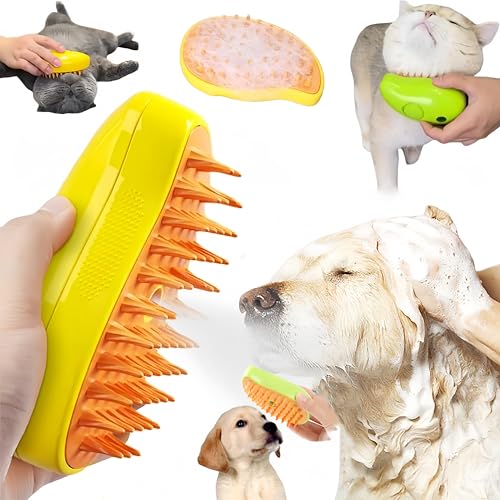 SVIEILLES Cat Brush, Multifunctional Cat Steamy Brush, Self Cleaning Steam Cat Brush for Massage, Silicone Steam Pet Brush? for Removing Tangled And Loosse Hair ?Pet spray massage comb (Yellow)