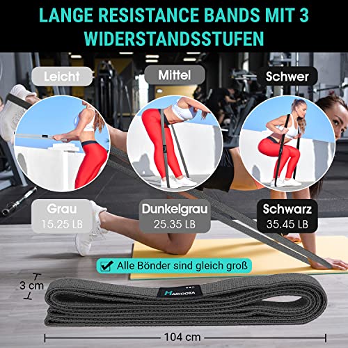 Foto von MARIOOTA Lange Stoff Fitnessbänder 3 Verschiedene Widerstandsbänder Set Tragebeutel mit Griffen & Türanker, Resistance Bands für Männer/Frauen, Premium Lang Fitness Band (GRAU - DUNKELGRAU - SCHWARZ)