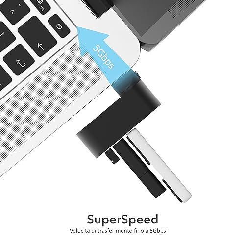 Hub USB, Multipresa USB 3.2 Gen 1, Sdoppiatore USB girevole, 3 Porte USB 3.2 Gen1, per PS4/PS5, laptop, PC, stampante, chiavetta USB, MacBook, rotazione di 90/180°, alluminio, NERO, (HB-R3MB) - Hub USB - Immagine 2