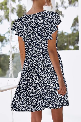 Image of nclook Womens Summer Casual Dresses Sweet Cute V Neck Mini Dress with Pockets Ruffle Short Sleeve