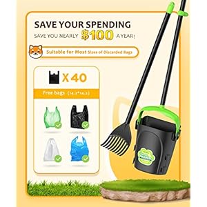 Large Swivel Bin & Rake Pooper Scooper with 40 Waste Bags, 36″ Long Handle & 4 Bag Hooks Adjustable Dog Pooper Scooper for Large Dogs and Pets, Portable Non-Breakable Dog Poop Scooper