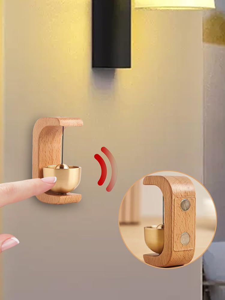 Shakven Magnetic Walnut Wood Doorbell with Brass Bell | Golden Decorative Shopkeepers Bell for Door Opening,Hanging Door Chime for Entrance,Fridge Sticker and Barn Door for Wall,Store,Wardrobe,Fridge