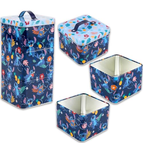 Image of Disney Lilo & Stitch Stack Store And Carry Stackable Tin Box Set - Bundle of Disney 3 Stack Storage Containers and Stickers | Stitch Canisters for Storage